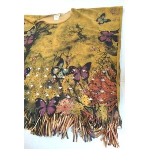 Vtg Adore Poncho Top XL Butterflies Fringe Art to Wear Festival Boho Lagan Look